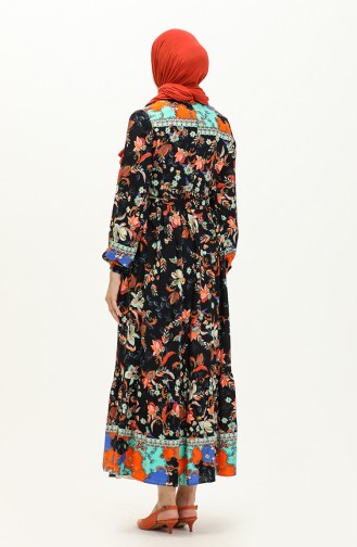 Floral Print Cotton Dress 0070-03 Navy Blue Tile 0070-03