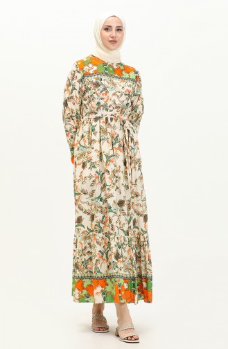 Floral Patterned Cotton Dress 0070-04 Cream Khaki 0070-04