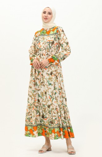 Kleid aus Baumwolle mit Blumenmuster 0070-04 Creme-Khaki 0070-04
