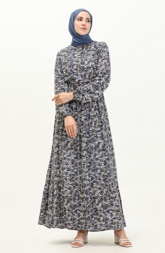 Shirred Waist Patterned Dress 0072-02 Navy Blue 0072-02
