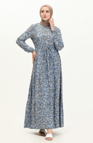 Shirred Waist Patterned Dress 0072-04 ındigo 0072-04