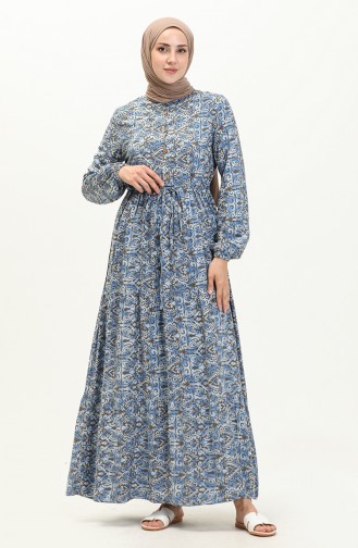 Shirred Waist Patterned Dress 0072-04 ındigo 0072-04