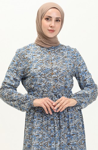 Shirred Waist Patterned Dress 0072-04 ındigo 0072-04