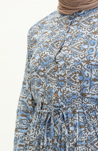 Shirred Waist Patterned Dress 0072-04 ındigo 0072-04