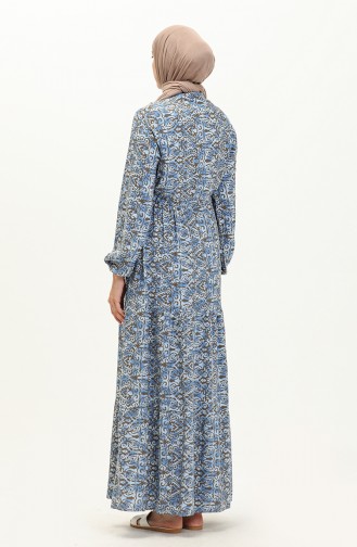 Shirred Waist Patterned Dress 0072-04 ındigo 0072-04