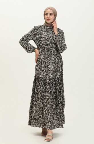 Shirred Waist Patterned Dress 0072-05 Black 0072-05