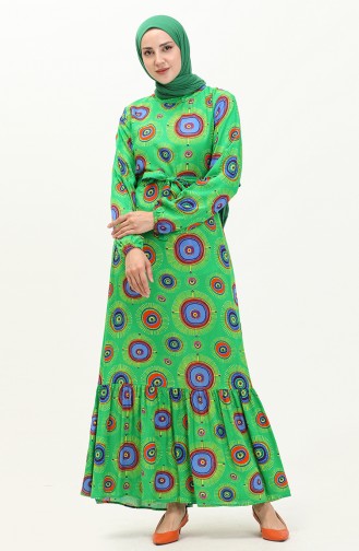 Viscose Patterned Belted Dress 0076-02 Green 0076-02