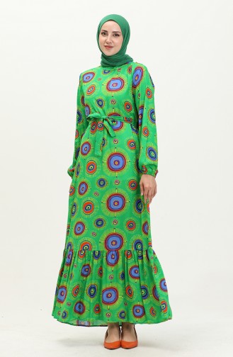Viskon Desenli Kuşaklı Elbise 0076-02 Yeşil