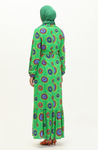 Viskon Desenli Kuşaklı Elbise 0076-02 Yeşil
