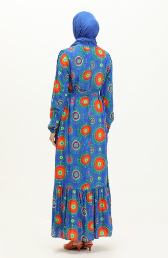 فستان فيسكوز منقوش بحزام 0076-05 أزرق ملكي 0076-05