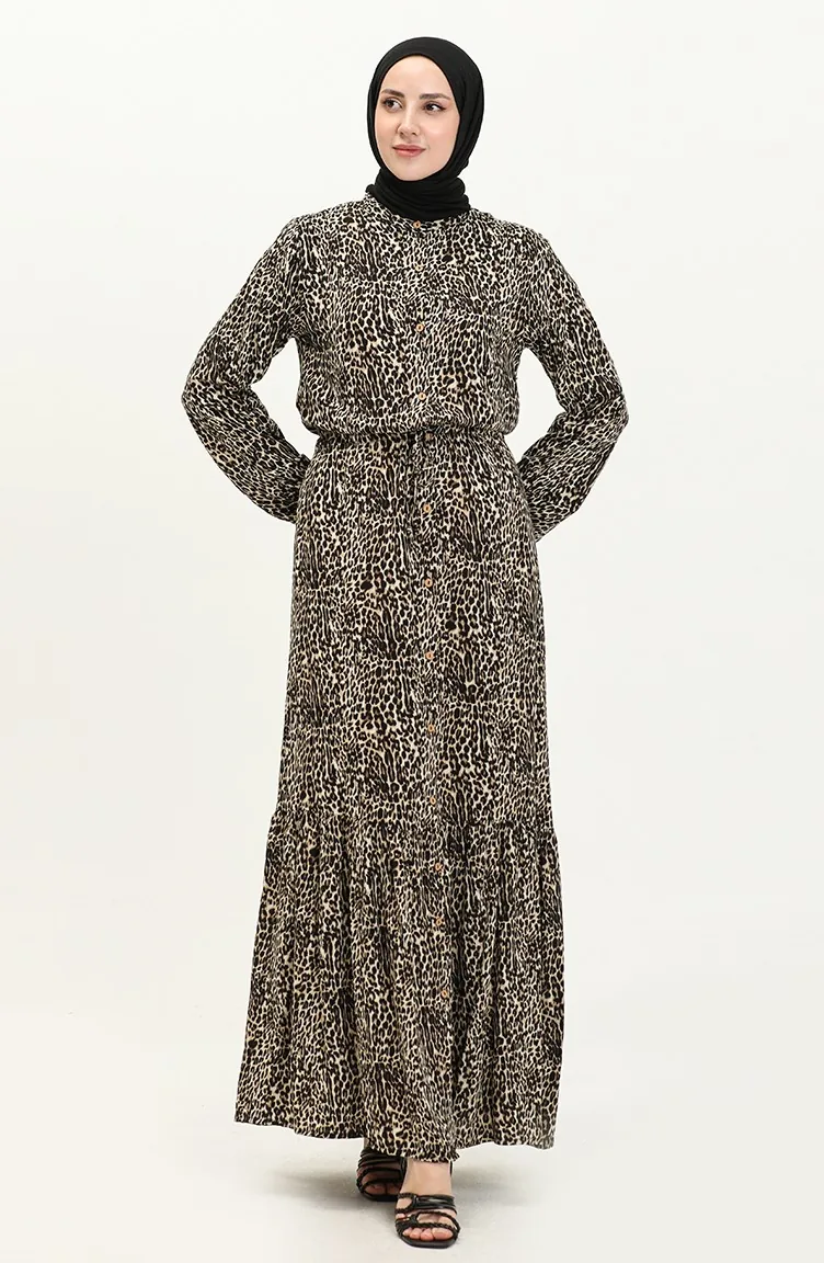 Leopar Desenli Viskon Elbise 0078-01 Siyah Vizon
