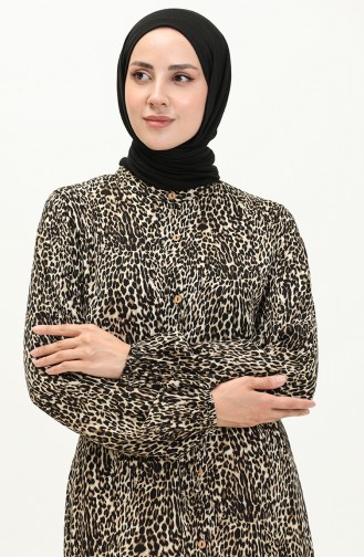 Leopar Desenli Viskon Elbise 0078-01 Siyah Vizon