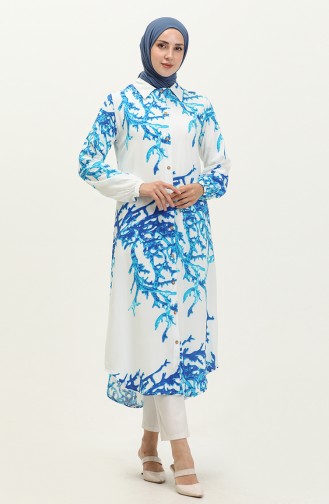 Pamuklu Desenli Uzun Tunik 0069-01 Beyaz