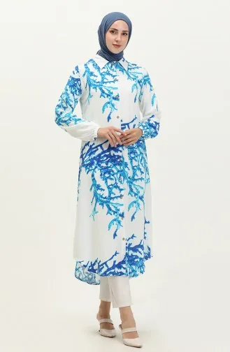 Pamuklu Desenli Uzun Tunik 0069-01 Beyaz