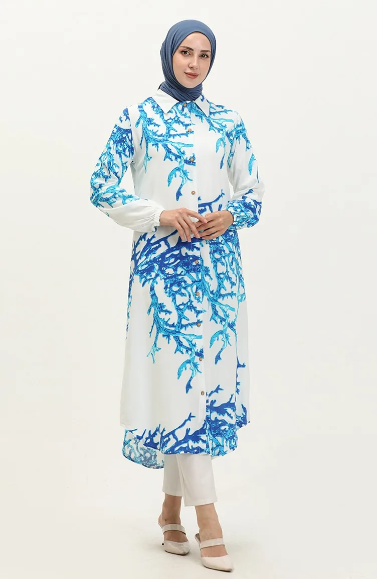 Pamuklu Desenli Uzun Tunik 0069-01 Beyaz