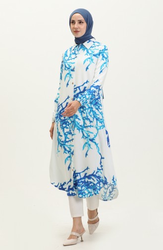 Pamuklu Desenli Uzun Tunik 0069-01 Beyaz