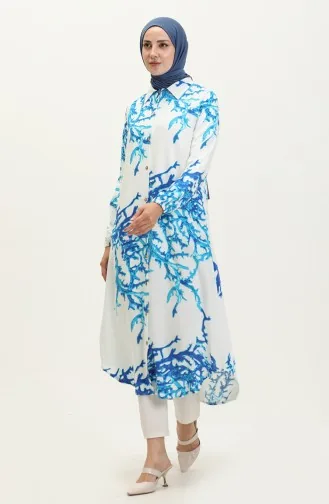 Pamuklu Desenli Uzun Tunik 0069-01 Beyaz