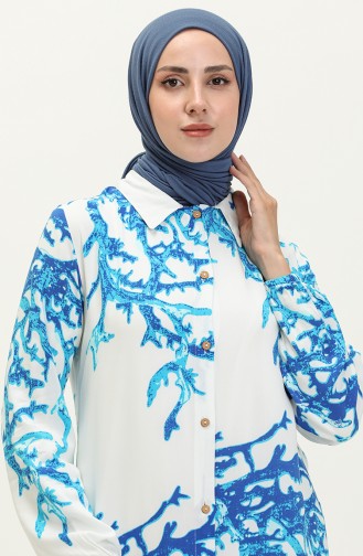 Pamuklu Desenli Uzun Tunik 0069-01 Beyaz