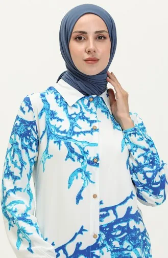 Pamuklu Desenli Uzun Tunik 0069-01 Beyaz