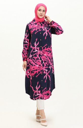 Cotton Patterned Long Tunic 0069-02 Navy Blue 0069-02