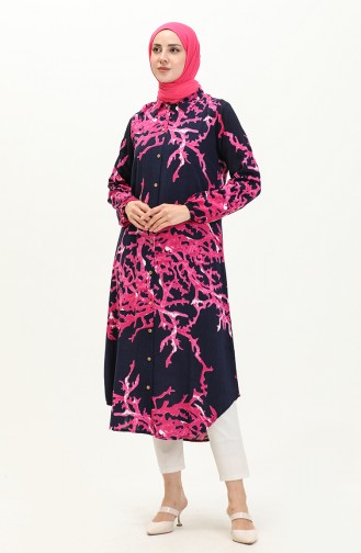 Cotton Patterned Long Tunic 0069-02 Navy Blue 0069-02
