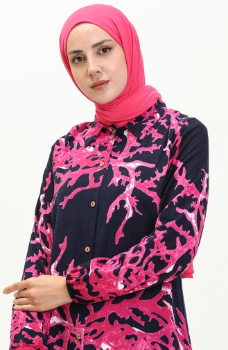 Cotton Patterned Long Tunic 0069-02 Navy Blue 0069-02
