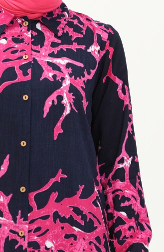Cotton Patterned Long Tunic 0069-02 Navy Blue 0069-02