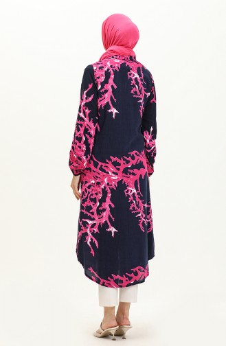 Cotton Patterned Long Tunic 0069-02 Navy Blue 0069-02