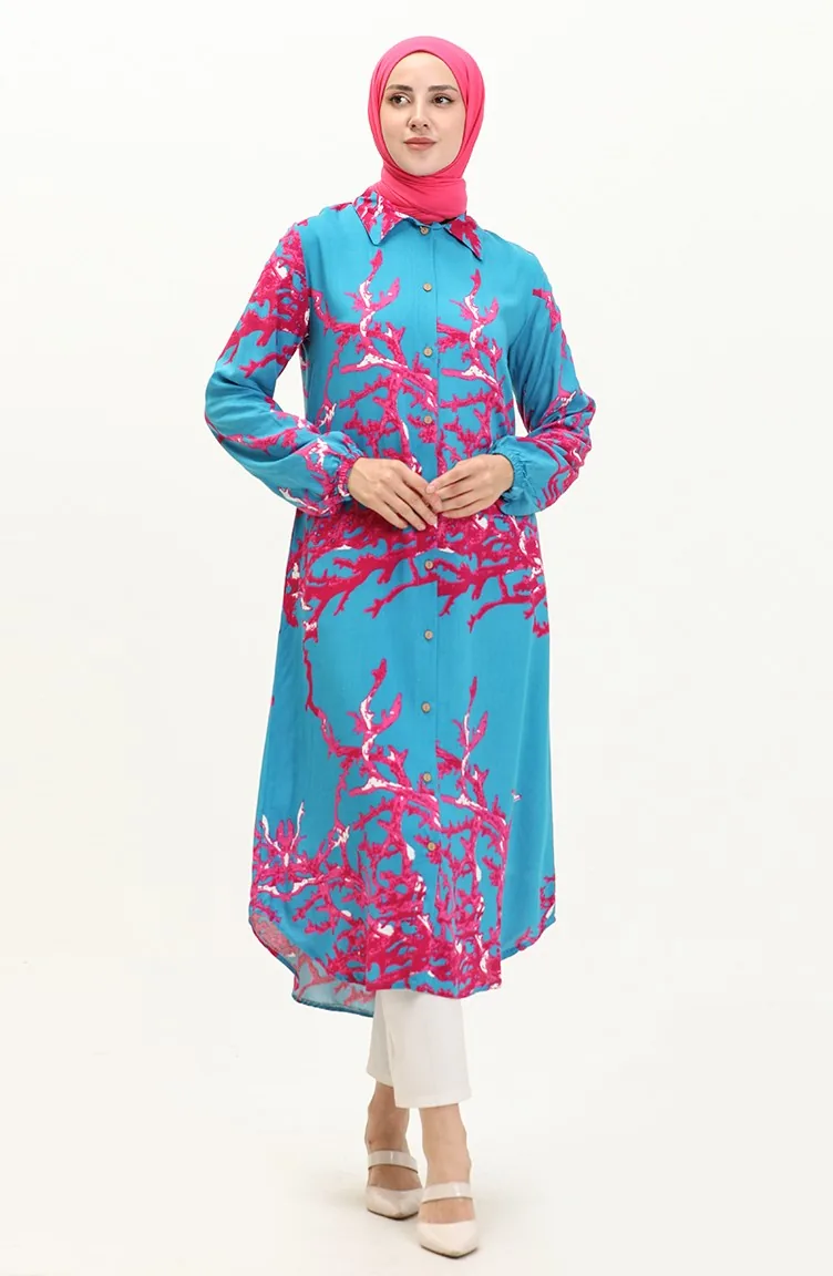 Pamuklu Desenli Uzun Tunik 0069-D-02 Mavi