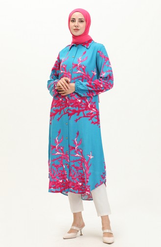 Cotton Patterned Long Tunic 0069-D-02 Blue 0069-D-02