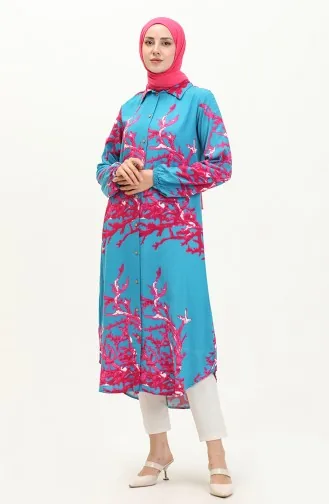 Pamuklu Desenli Uzun Tunik 0069-D-02 Mavi
