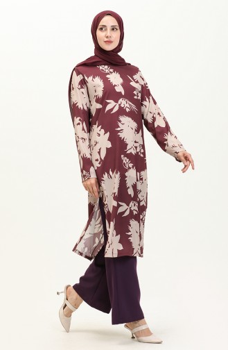 Desenli Tunik Pantolon İkili Takım 0079-03 Mürdüm