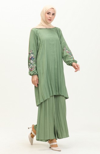 Pliseli Nakışlı Tunik Pantolon İkili Takım 1036-02 Çağla Yeşili 1036-02