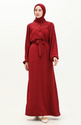Perlenbesetztes Kleid mit Gürtel 1022-02 Burgunderrot 1022-02