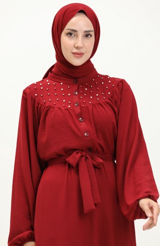 Perlenbesetztes Kleid mit Gürtel 1022-02 Burgunderrot 1022-02