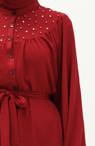 Perlenbesetztes Kleid mit Gürtel 1022-02 Burgunderrot 1022-02