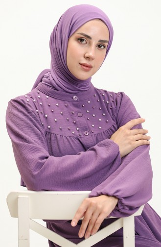 Perlenbesetztes Kleid mit Gürtel 1022-03 Lila 1022-03