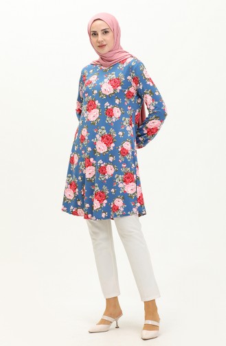 Patterned Elastic Sleeve Tunic 8628-01 Petrol 8628-01