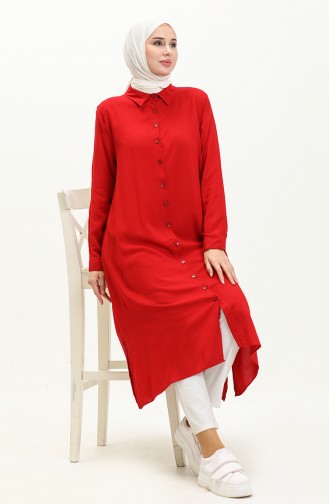 Buttoned Long Tunic 1026-02 Claret Red 1026-02
