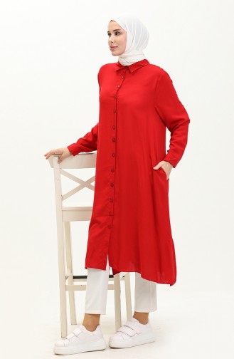 Buttoned Long Tunic 1026-02 Claret Red 1026-02