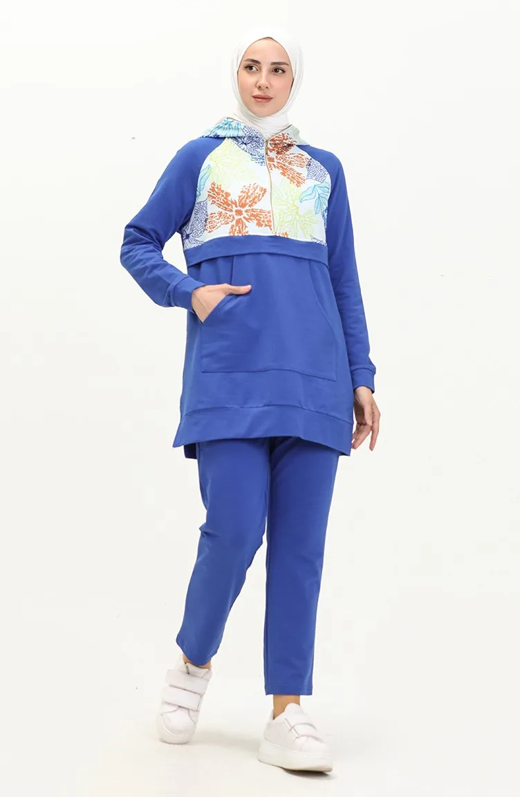 Ensemble de Survêtement à Capuche à Motifs 70076-01 Bleu Roi 70076-01