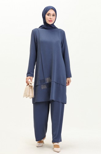 ملابس حجاب نسائية مقاس كبير بدلة حجاب مزدوجة بنطلون أيروبين بدلة تونيك 8689 أزرق داكن 8689.Lacivert