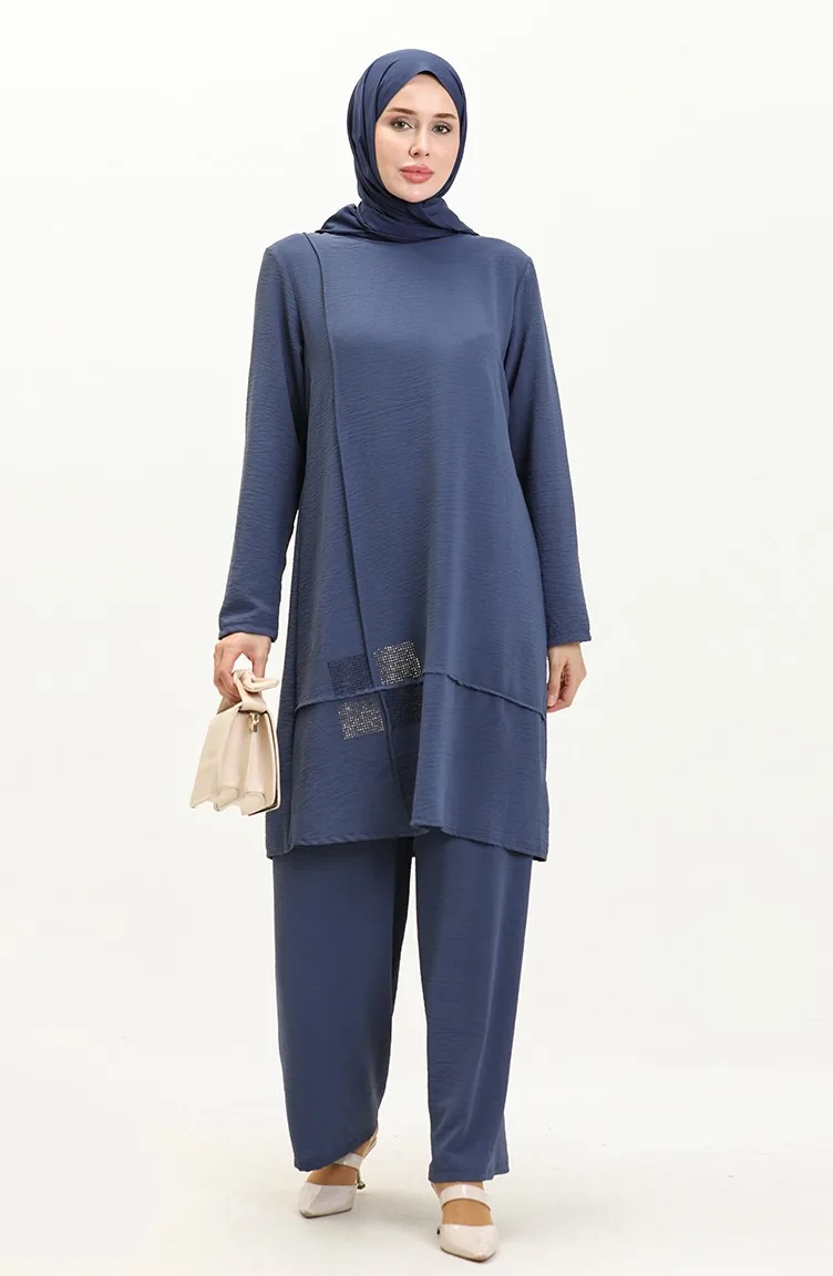 Women`s Hijab Clothing Large Size Hijab Double Suit Ayrobin Trousers Tunic Suit 8689 Navy Blue 8689.Lacivert