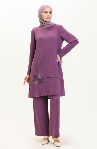 Women`s Hijab Clothing Large Size Hijab Double Suit Ayrobin Trousers Tunic Suit 8689 Plum 8689.Mürdüm