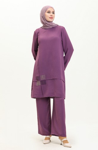 Women`s Hijab Clothing Large Size Hijab Double Suit Ayrobin Trousers Tunic Suit 8689 Plum 8689.Mürdüm