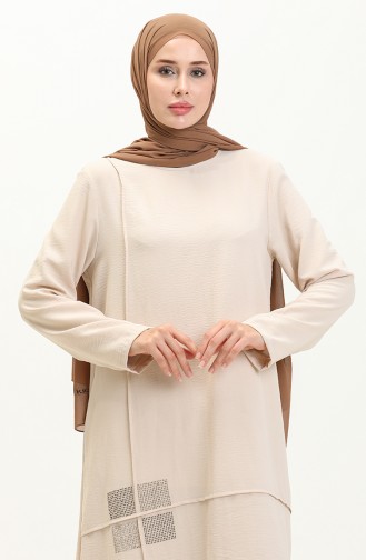 Dames Hijabkleding Groot Formaat Hijab Dubbel Pak Ayrobin Broek Tuniekpak 8689 Steen 8689.Taş