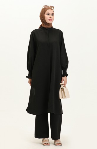 Ensemble Deux Pièces Tunique Pantalon Guipé En Lin 4429-01 Noir 4429-01