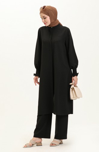 Ensemble Deux Pièces Tunique Pantalon Guipé En Lin 4429-01 Noir 4429-01