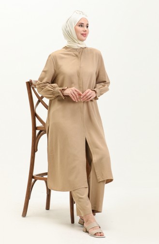 Keten Gipeli Tunik Pantolon İkili Takım 4429-02 Camel