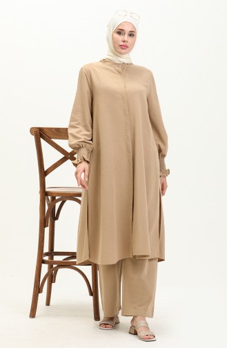 Keten Gipeli Tunik Pantolon İkili Takım 4429-02 Camel